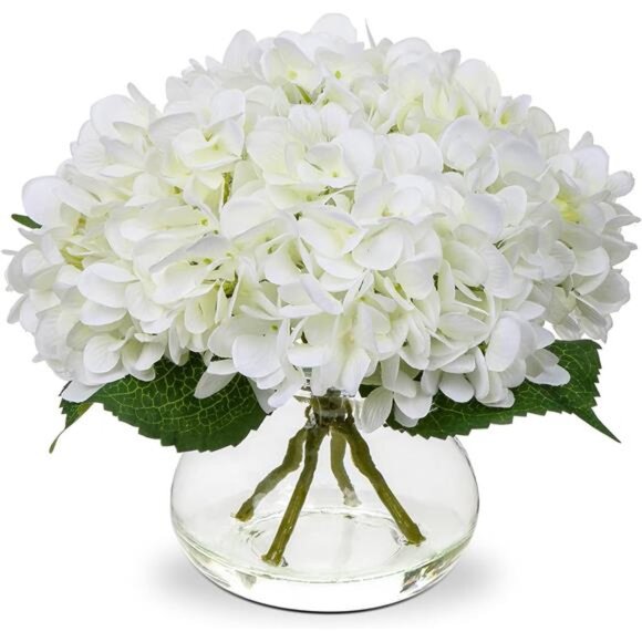 Hydrangea Artificial Flowers with Vase White Silk Fake Flowers Arrangements - Picture 1 of 7